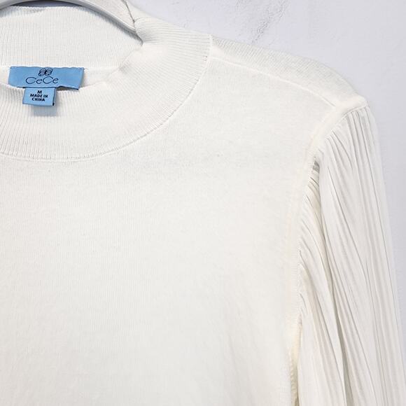CeCe Pleated Mock Neck Sweater Size M White Sheer Ruffle Sleeve Career Chic - Picture 2 of 9
